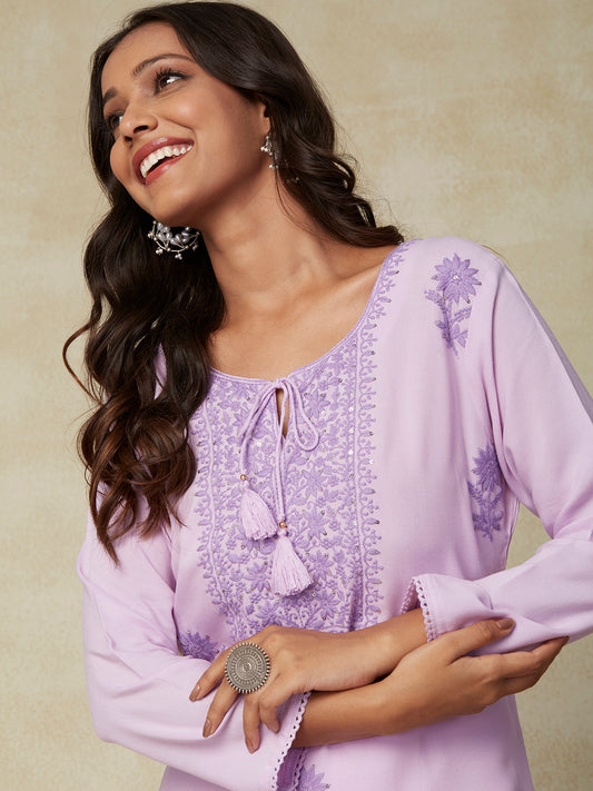 Solid Resham & Sequins Embroidered Kurta - Purple