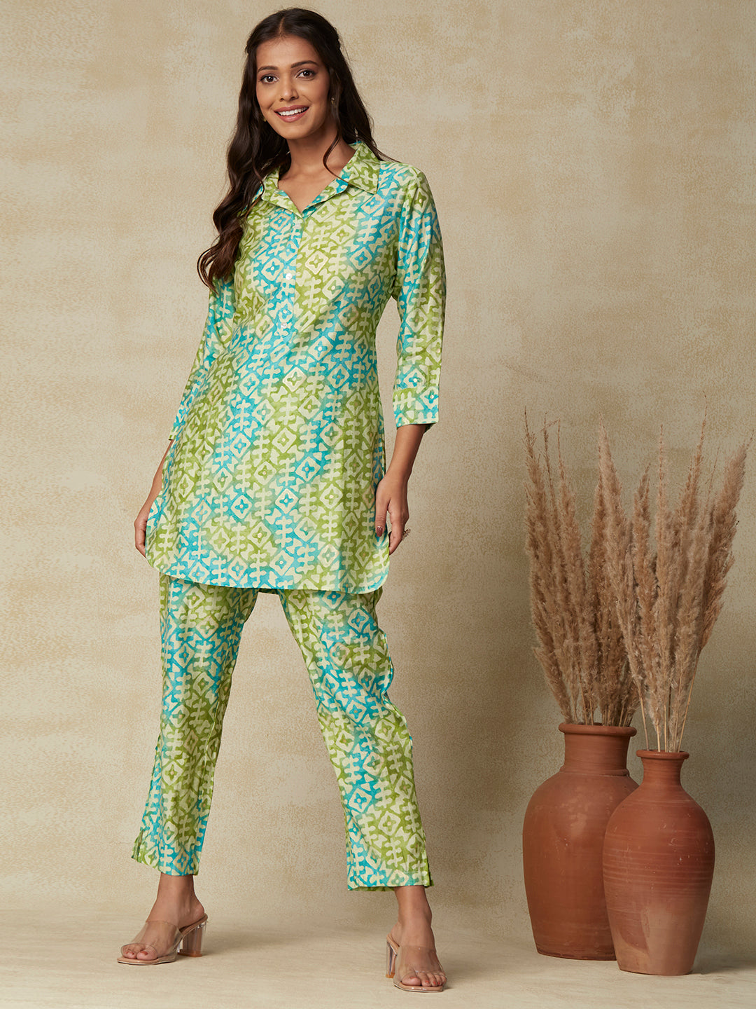 Green Floral Printed A-Line Kurta & Pants Co-Ord Set