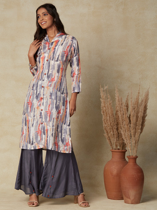 Abstract Printed Beads Embellished Kurta with Beads Embellished Flared Pants - Grey & Multi