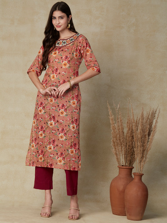 Floral Printed & Mirror Hand Embroidered Straight Fit Kurta - Rose Gold