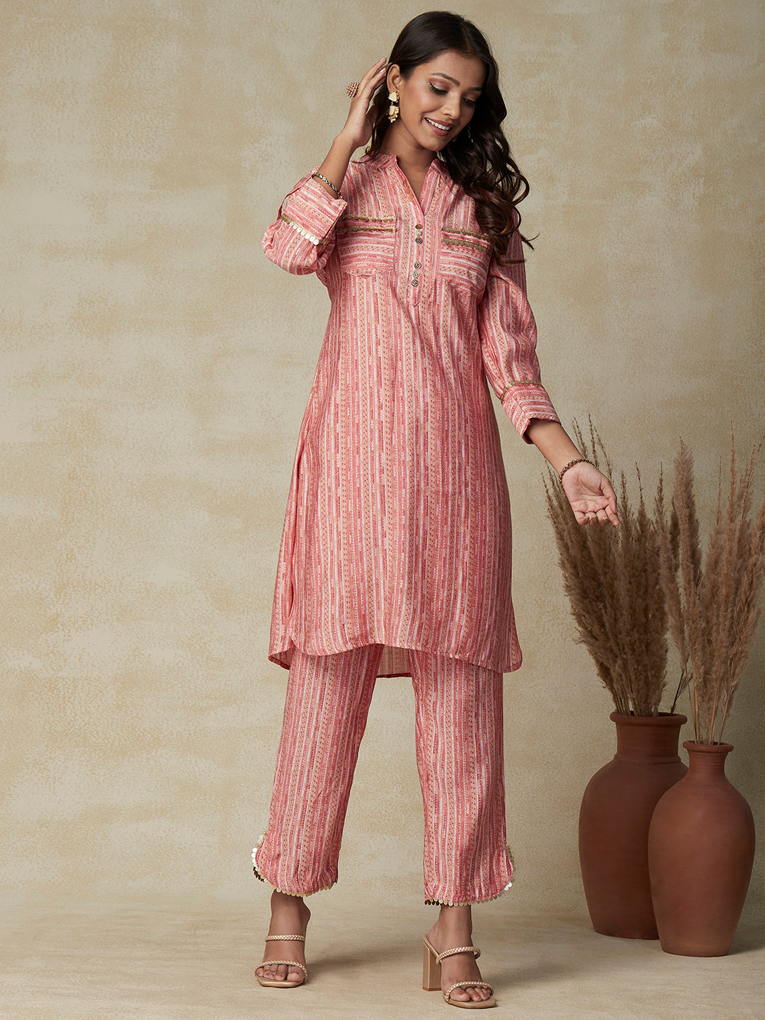 Abstract & Stripes Printed Coin Tikki & Zari Lace Embellished Kurta with Pants Set - Peach