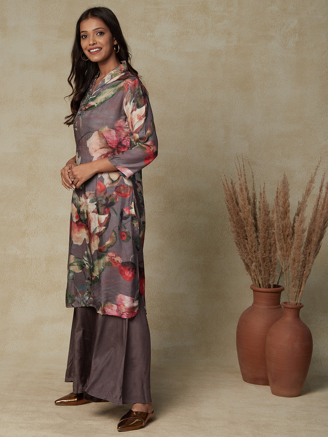 Abstract Floral Printed Straight Fit Kurta with Flared Palazzo - Grey