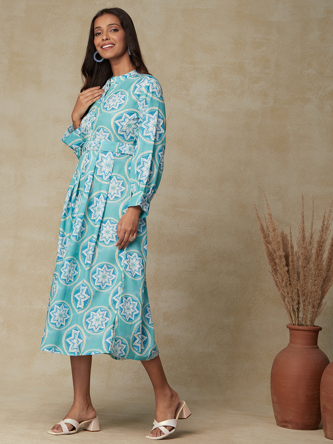 Star Printed Mother-of-Pearl Buttoned Pleated Dress with Printed Tie-up Waist Belt - Sea Green