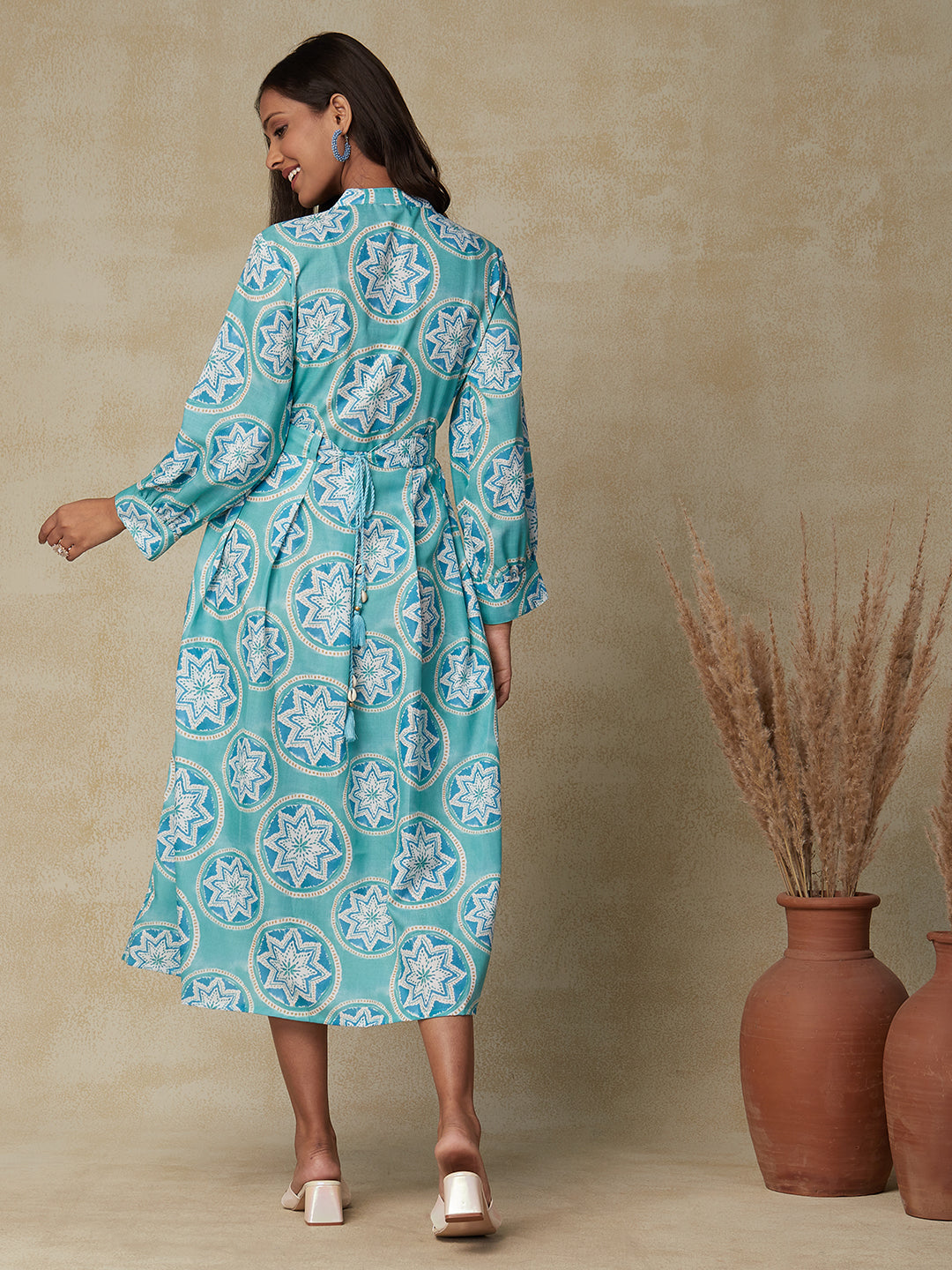 Star Printed Mother-of-Pearl Buttoned Pleated Dress with Printed Tie-up Waist Belt - Sea Green