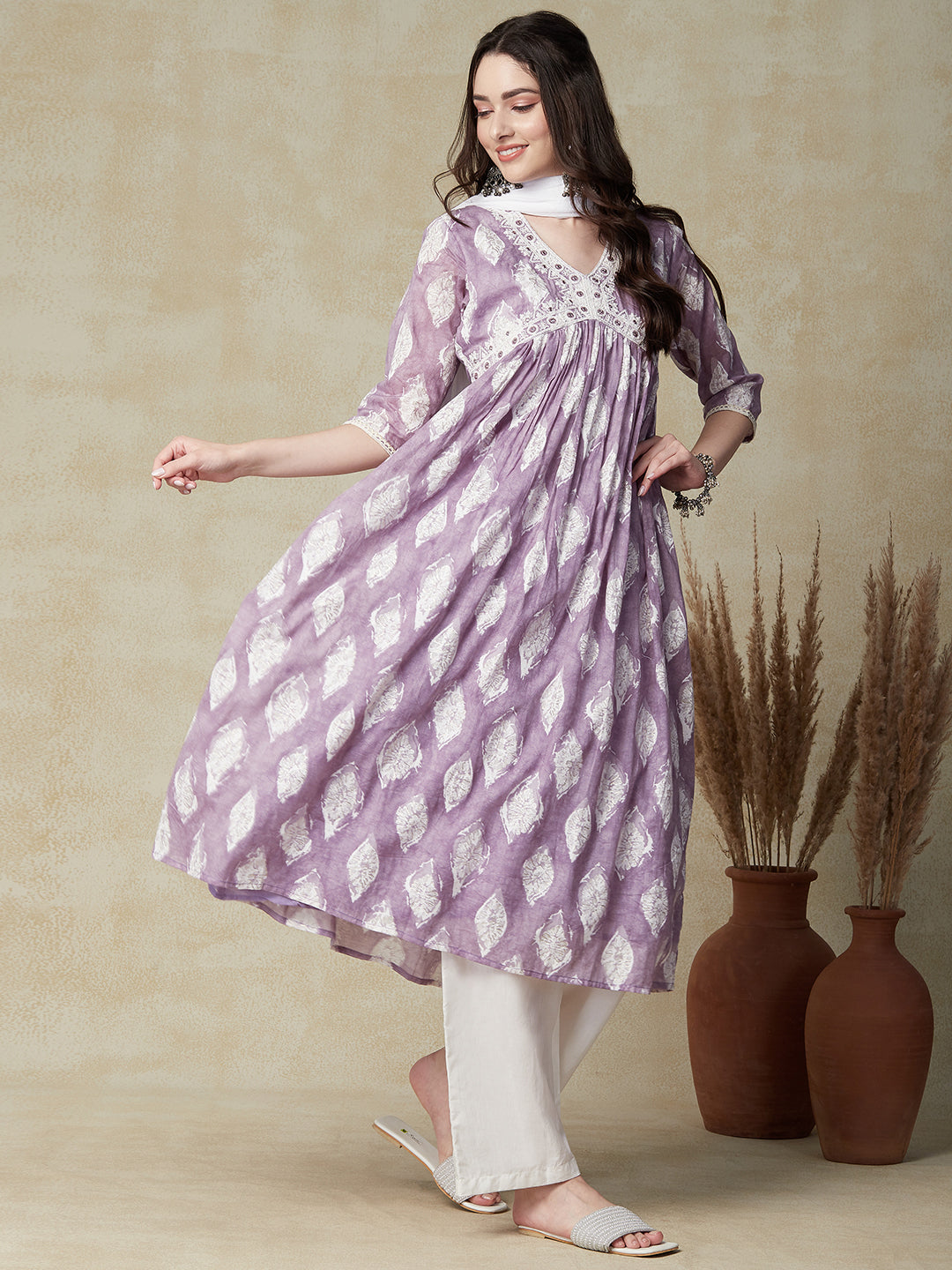 Abstract Printed Mirror & Resham Embroidered Gathered Kurta with Pants & Dupatta - Purple