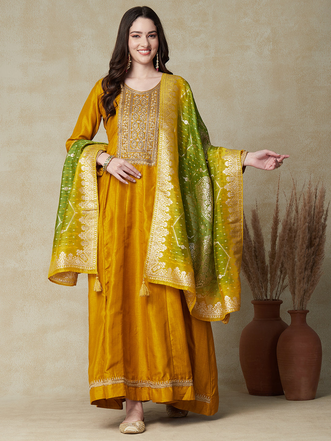 Solid Zari, Stone & Cutdana Embroidered Anarkali Dress with Zari Jacquard Dupatta - Mustard
