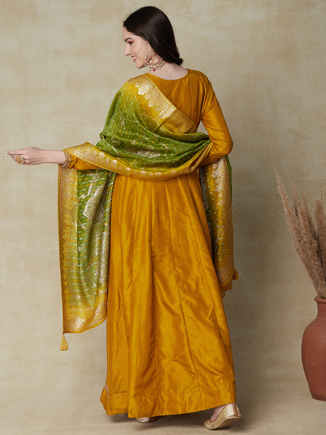 Solid Zari, Stone & Cutdana Embroidered Anarkali Dress with Zari Jacquard Dupatta - Mustard