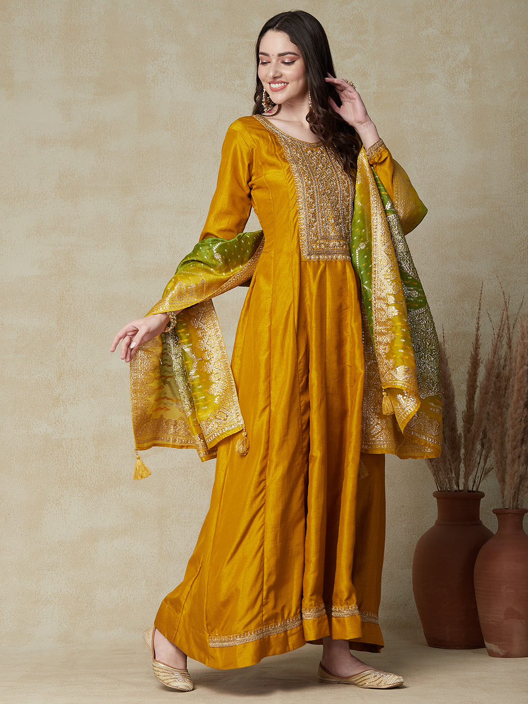 Solid Zari, Stone & Cutdana Embroidered Anarkali Dress with Zari Jacquard Dupatta - Mustard