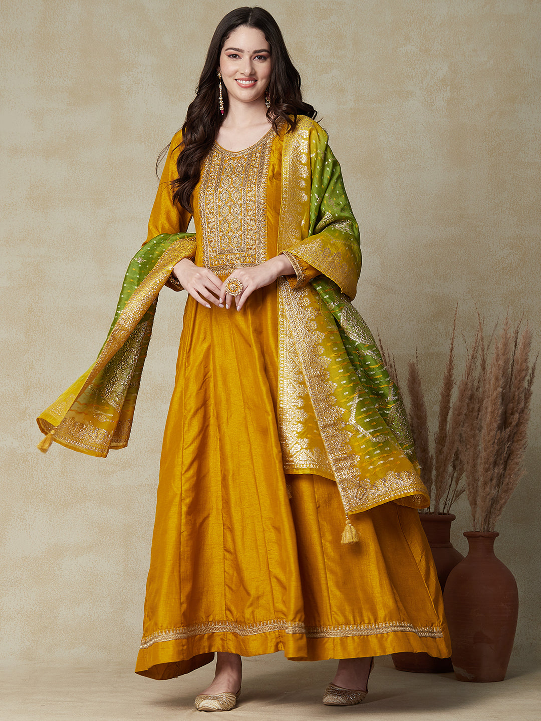 Solid Zari, Stone & Cutdana Embroidered Anarkali Dress with Zari Jacquard Dupatta - Mustard