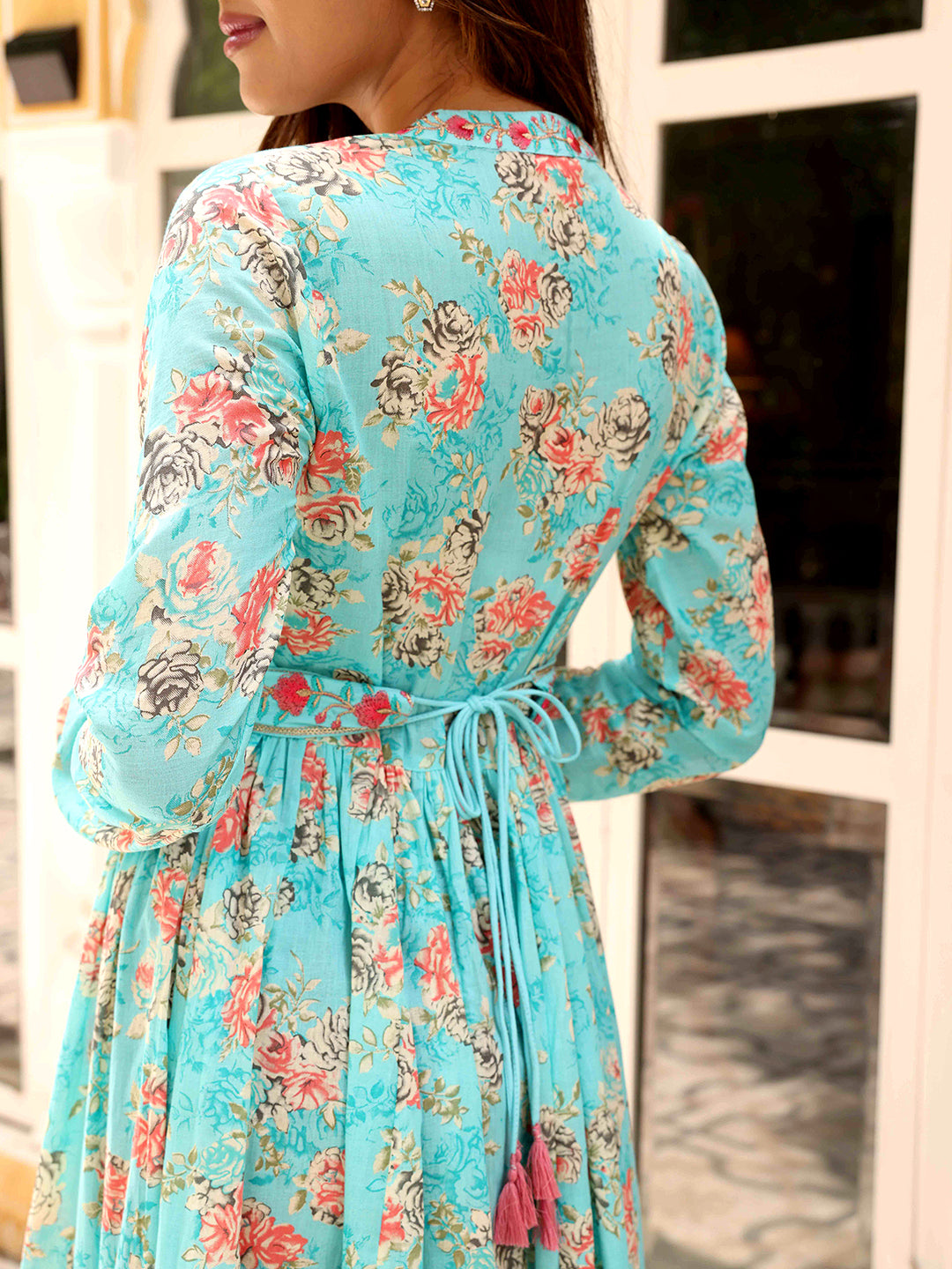 Floral Printed Resham & Zari Embroidered Mul-Cotton Maxi Dress With Embroidered Waist Belt - Blue