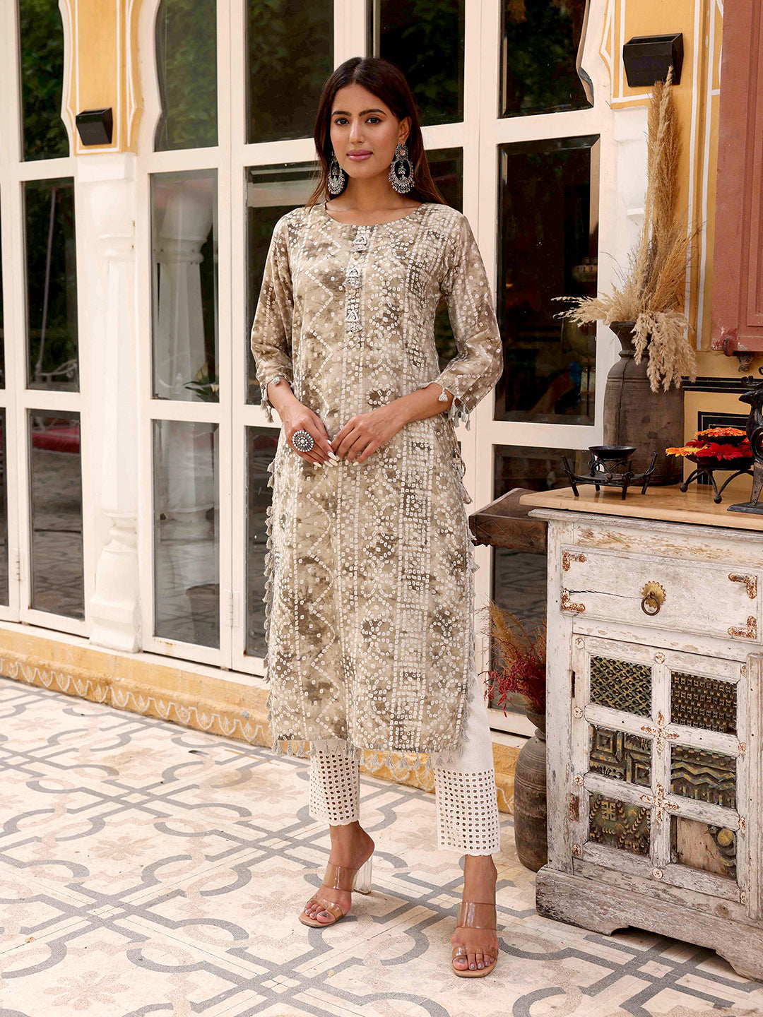 Abstract Bandhani Printed Mirror & Zari Embroidered Latkan Embellished kurta - Taupe