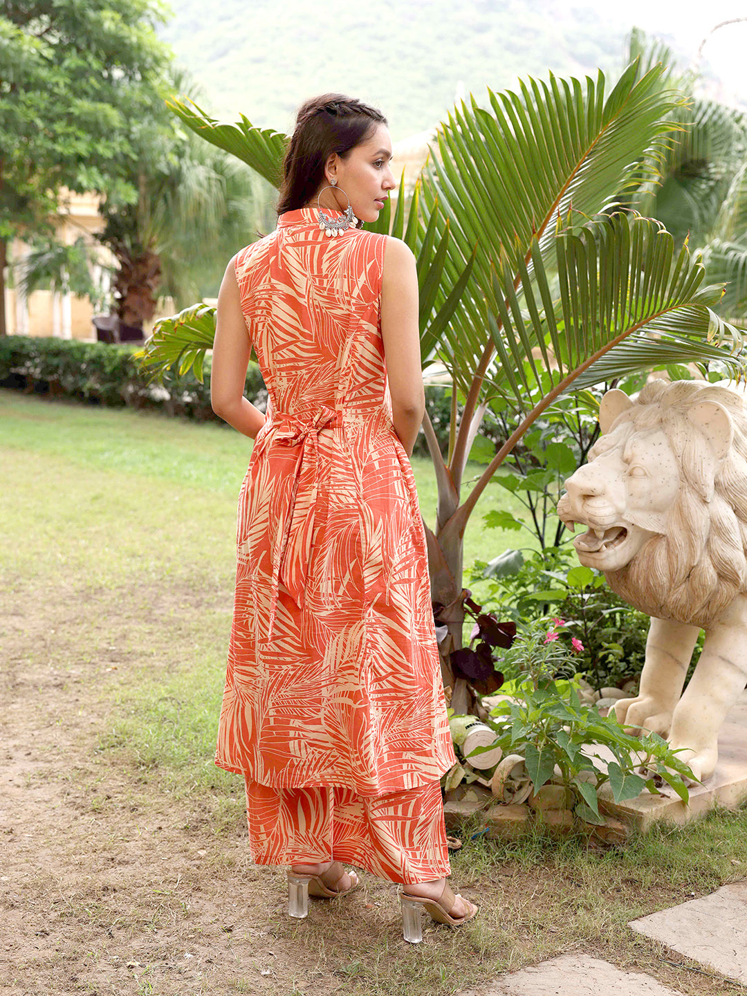 Abstract Printed Wooden Buttoned A-line Paneled Kurta With Pants Set - Orange