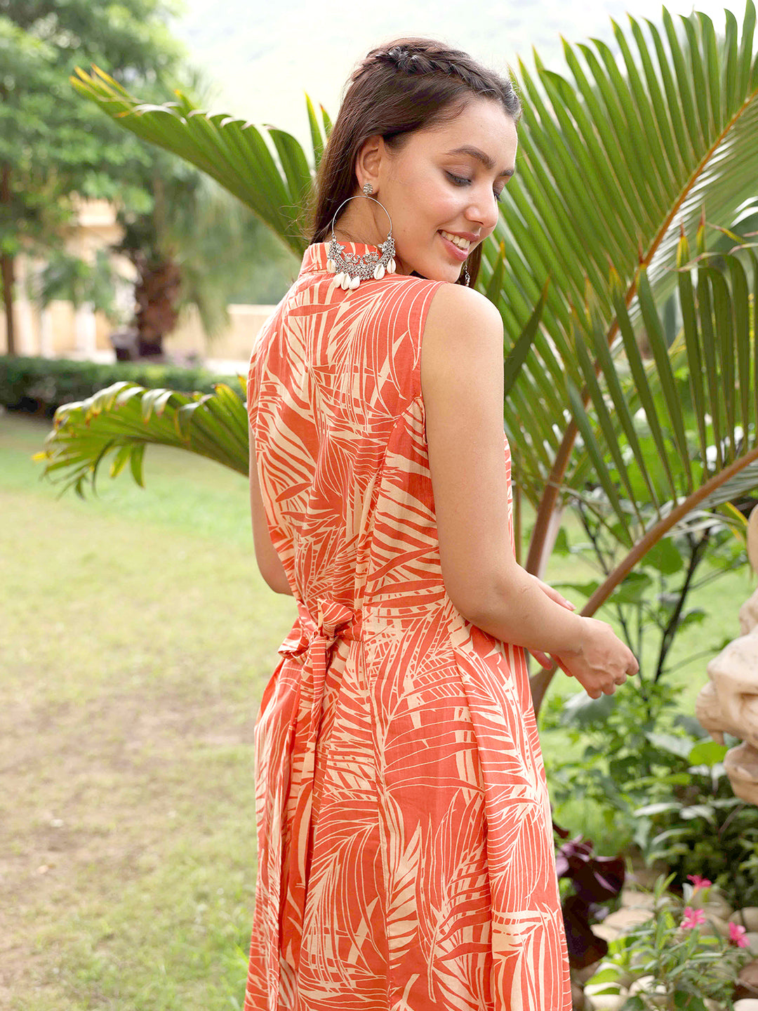 Abstract Printed Wooden Buttoned A-line Paneled Kurta With Pants Set - Orange