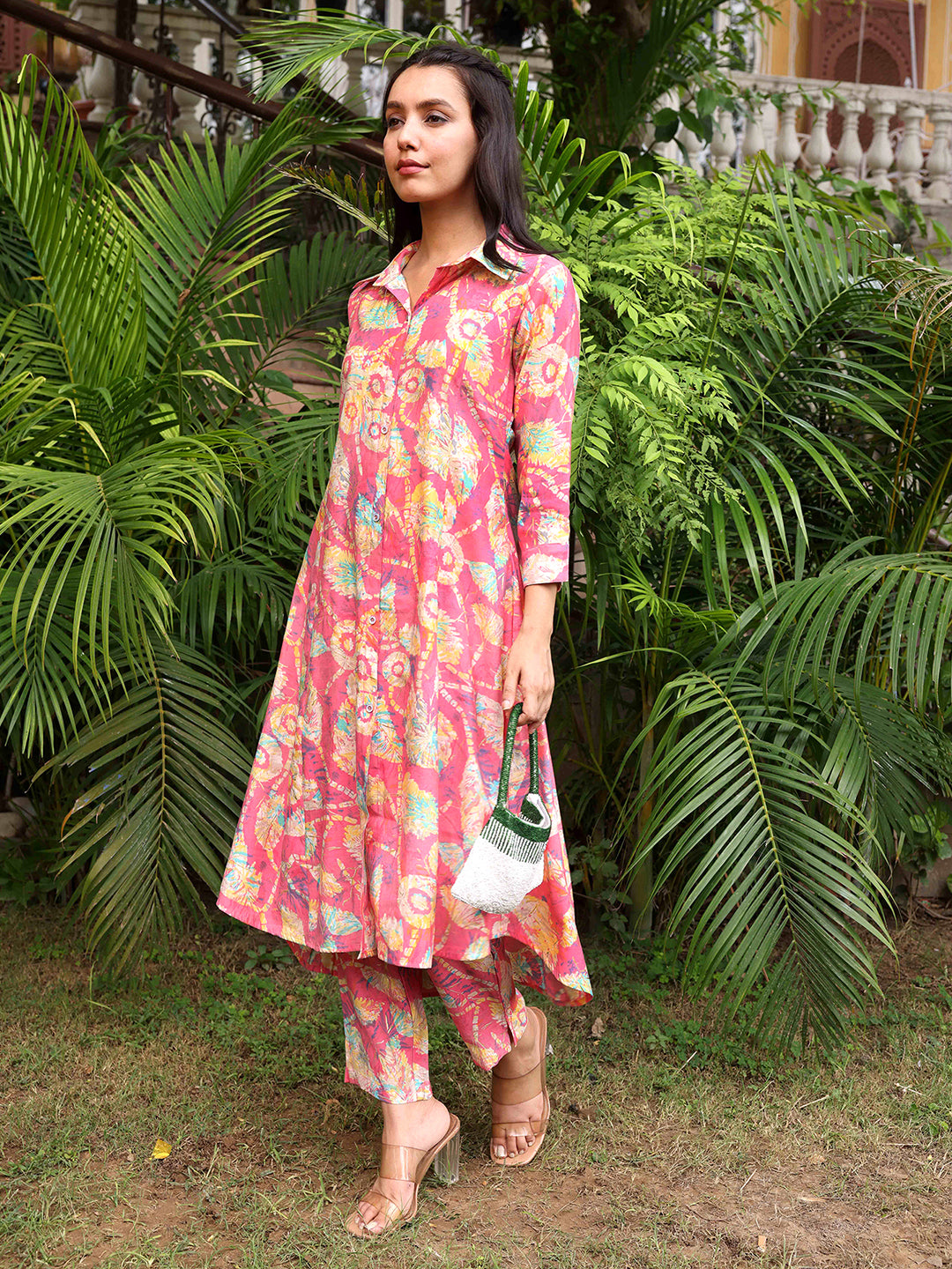 Floral Foil Printed Paneled A-Line Kurta with Pant - Pink