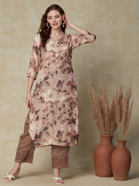 Floral Printed Mirror Embroidered Kurta - Taupe