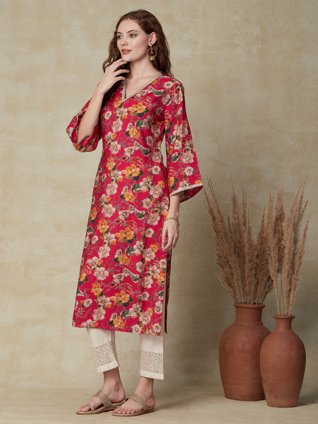 Floral Foil Printed Straight Fit Kurta - Fuchsia