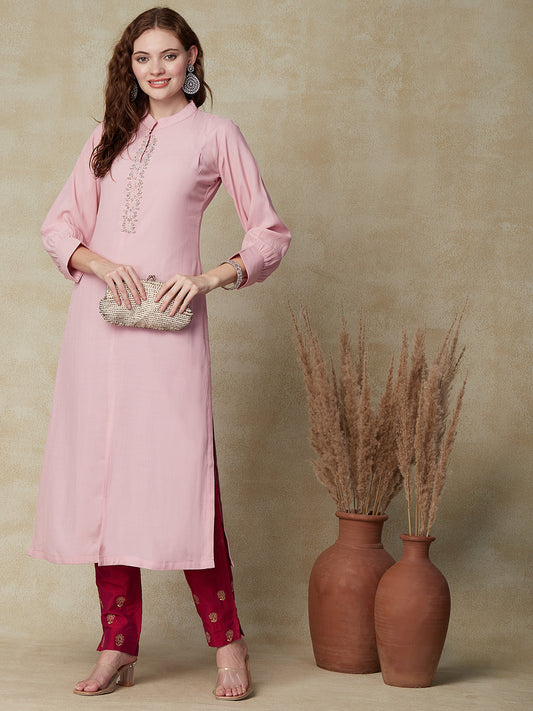 Solid Beads Embroidered Straight Fit Kurta - Pink