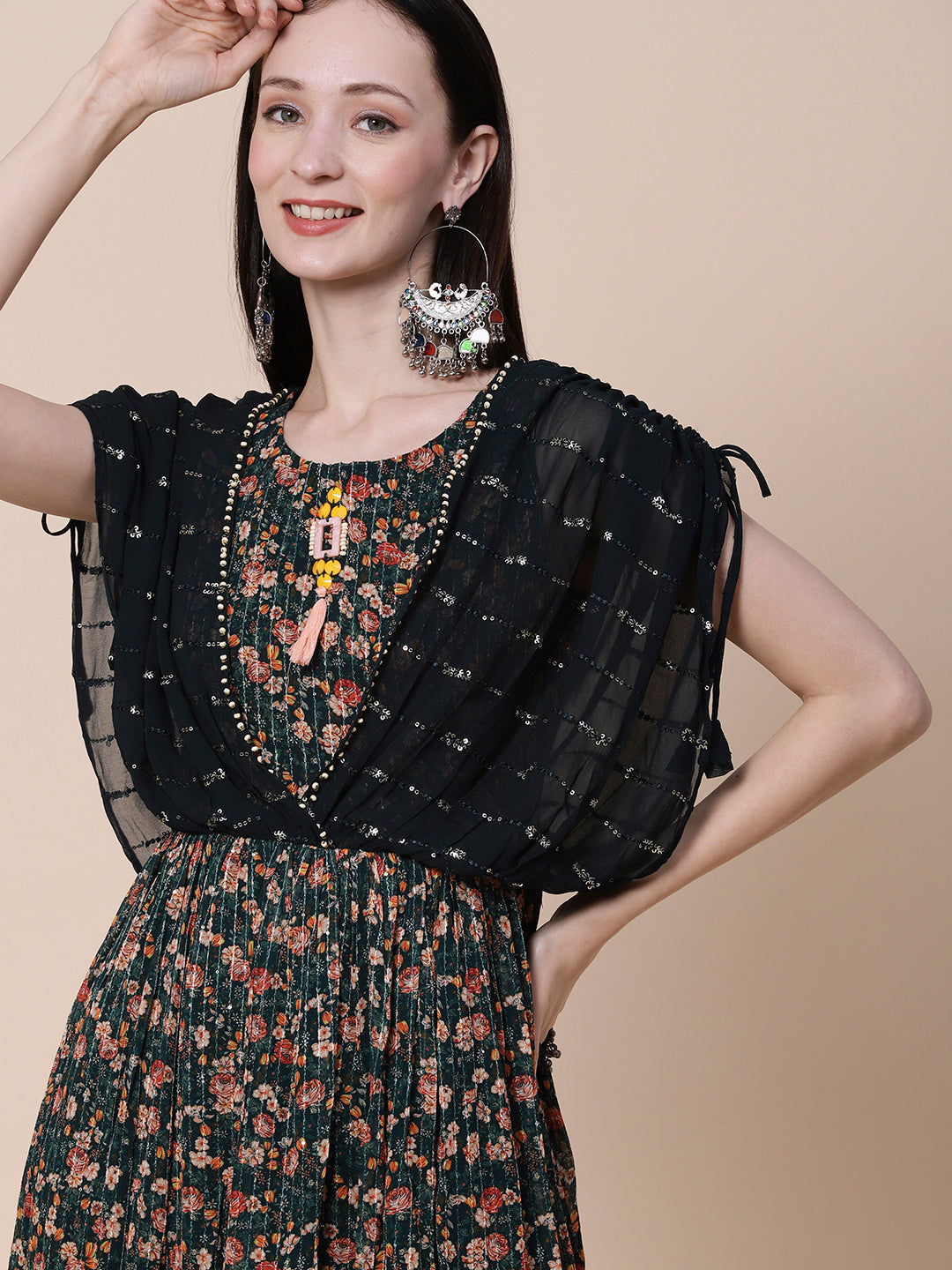 Floral Printed Sequins & Resham Embroidered Maxi Dress - Green