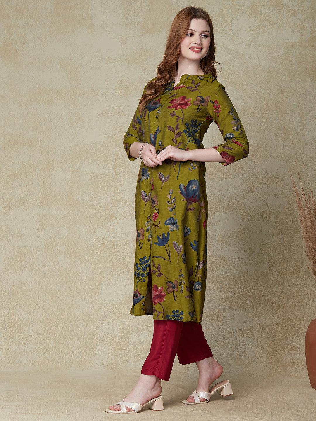 Floral Printed A-Line Flared Kurta - Green