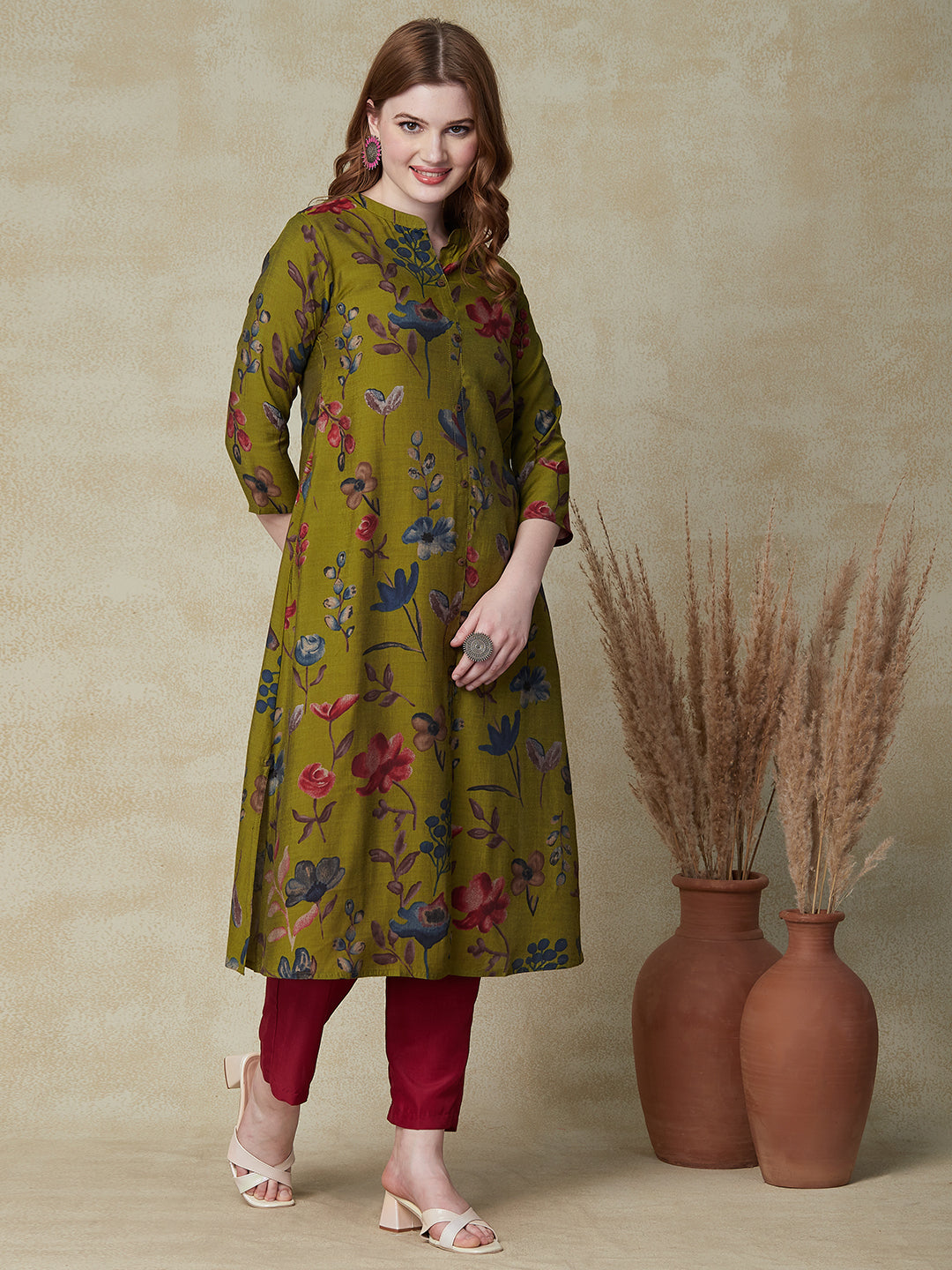 Floral Printed A-Line Flared Kurta - Green