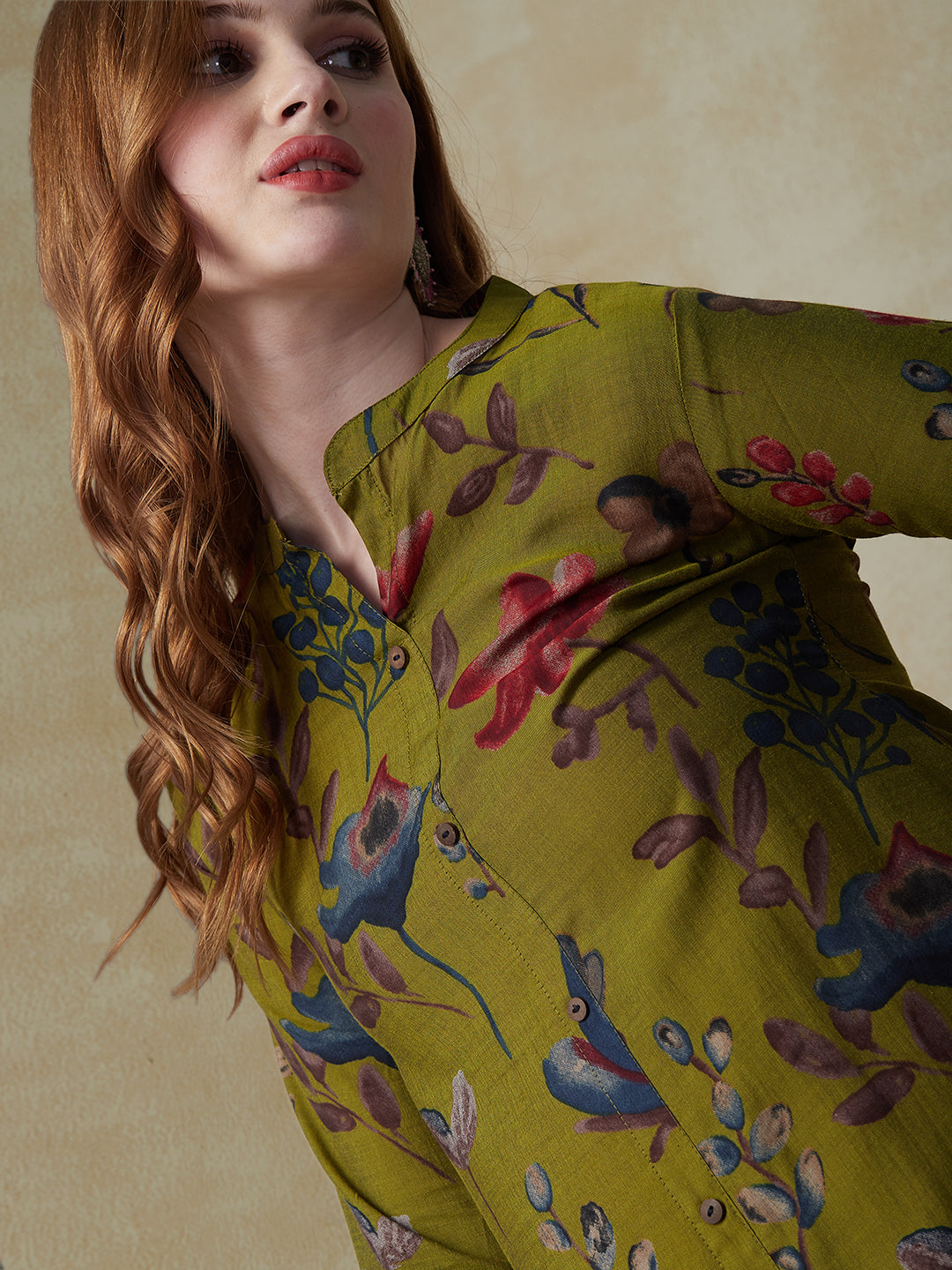 Floral Printed A-Line Flared Kurta - Green