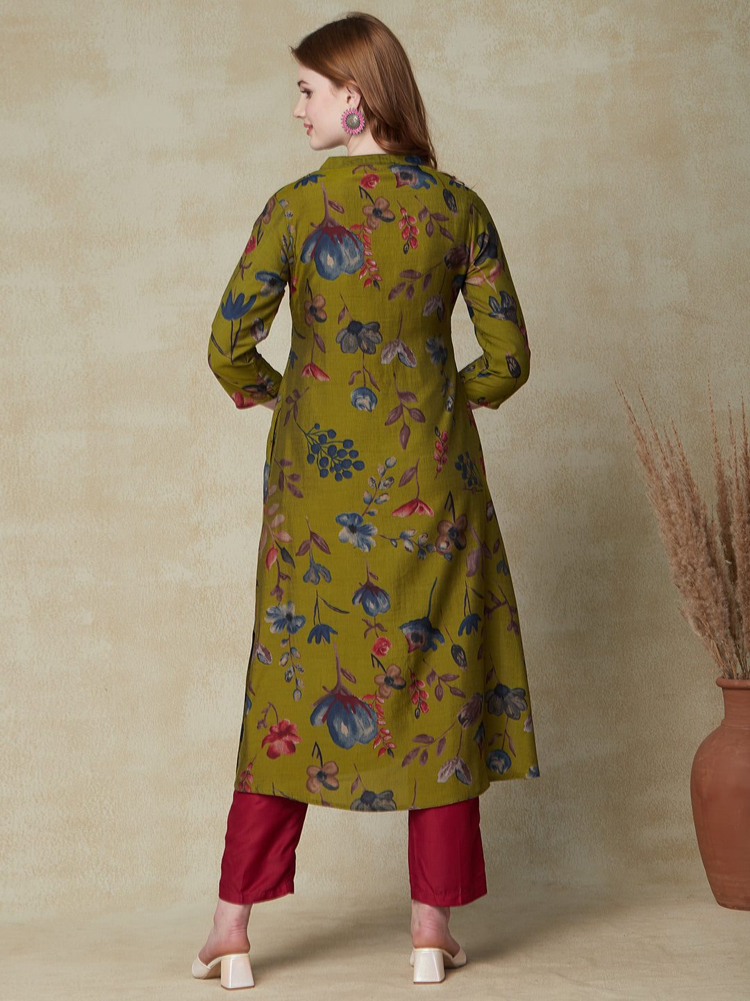 Floral Printed A-Line Flared Kurta - Green