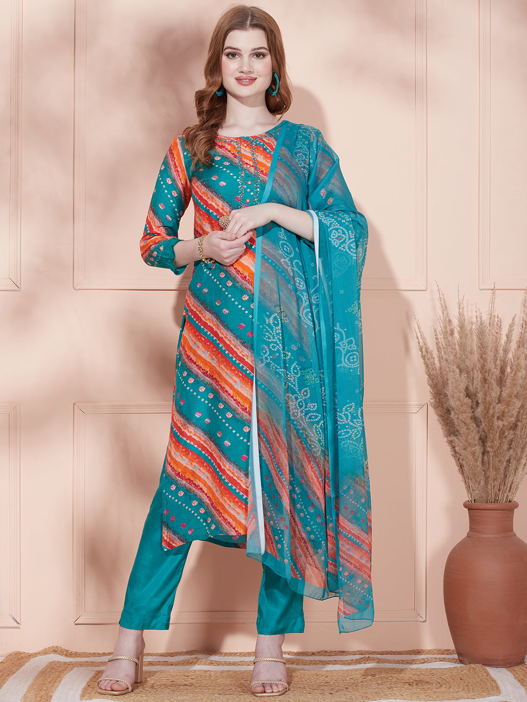 Ethnic Printed Hand Embroidered Straight Kurta with Pant