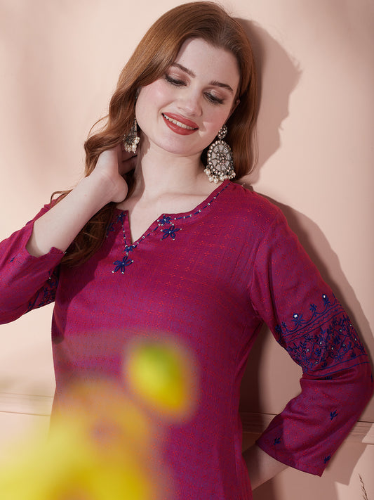 Ethnic Woven & Floral Embroidered Straight Fit Kurta - Deep Purple