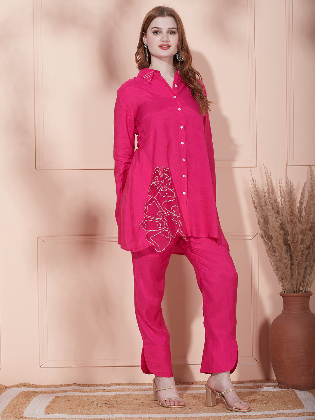 Solid Floral Zari Embroidered A-Line Fit Co-ord Set - Fuchsia