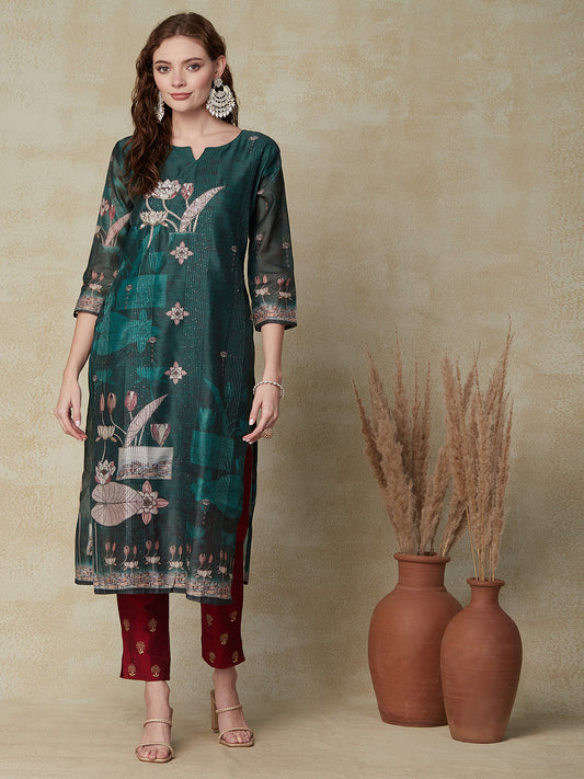Ethnic Floral Printed & Sequin Embroidered Straight Fit Kurta - Green