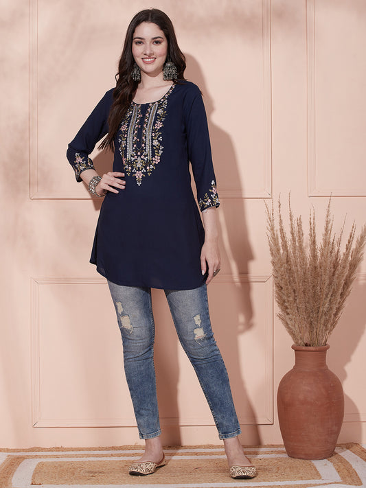 Solid Floral Sequin & Zari Embroidered A-Line Kurti - Navy Blue
