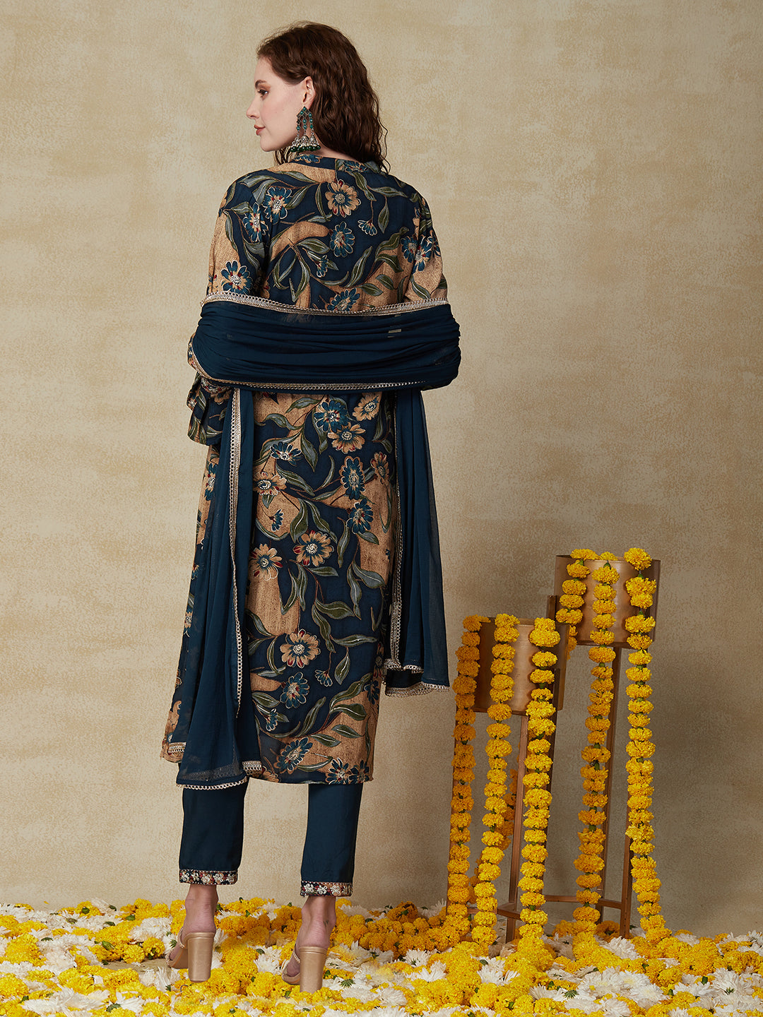 Floral Printed Resham & Zari Embroidered Kurta with Pants & Dupatta - Multi & Blue
