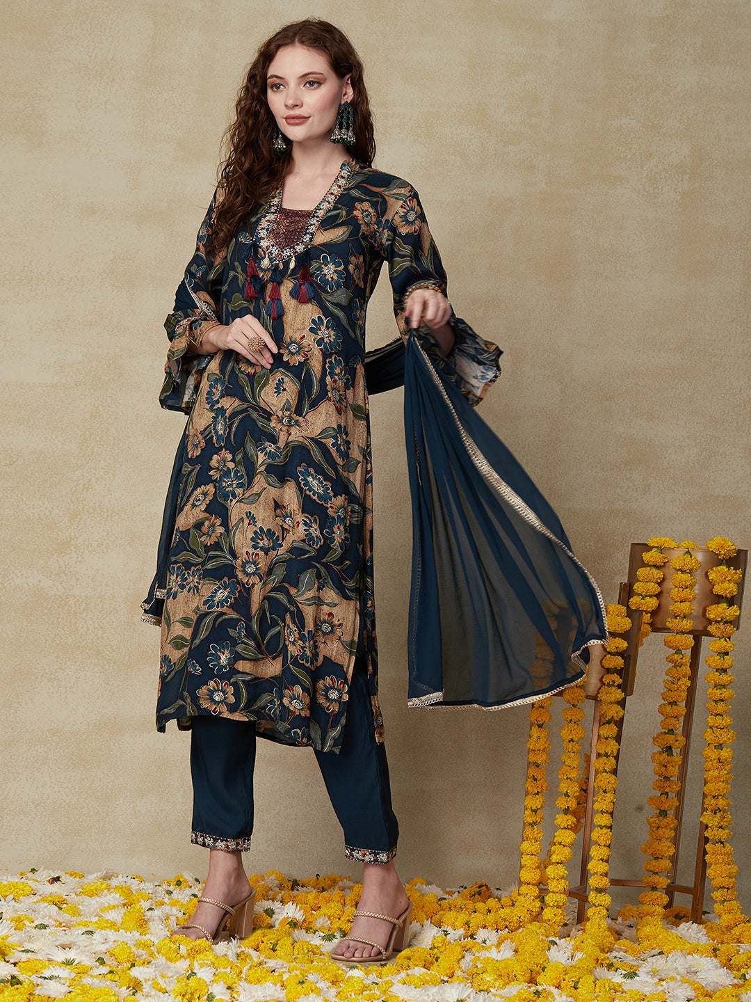 Floral Printed Resham & Zari Embroidered Kurta with Pants & Dupatta - Multi & Blue