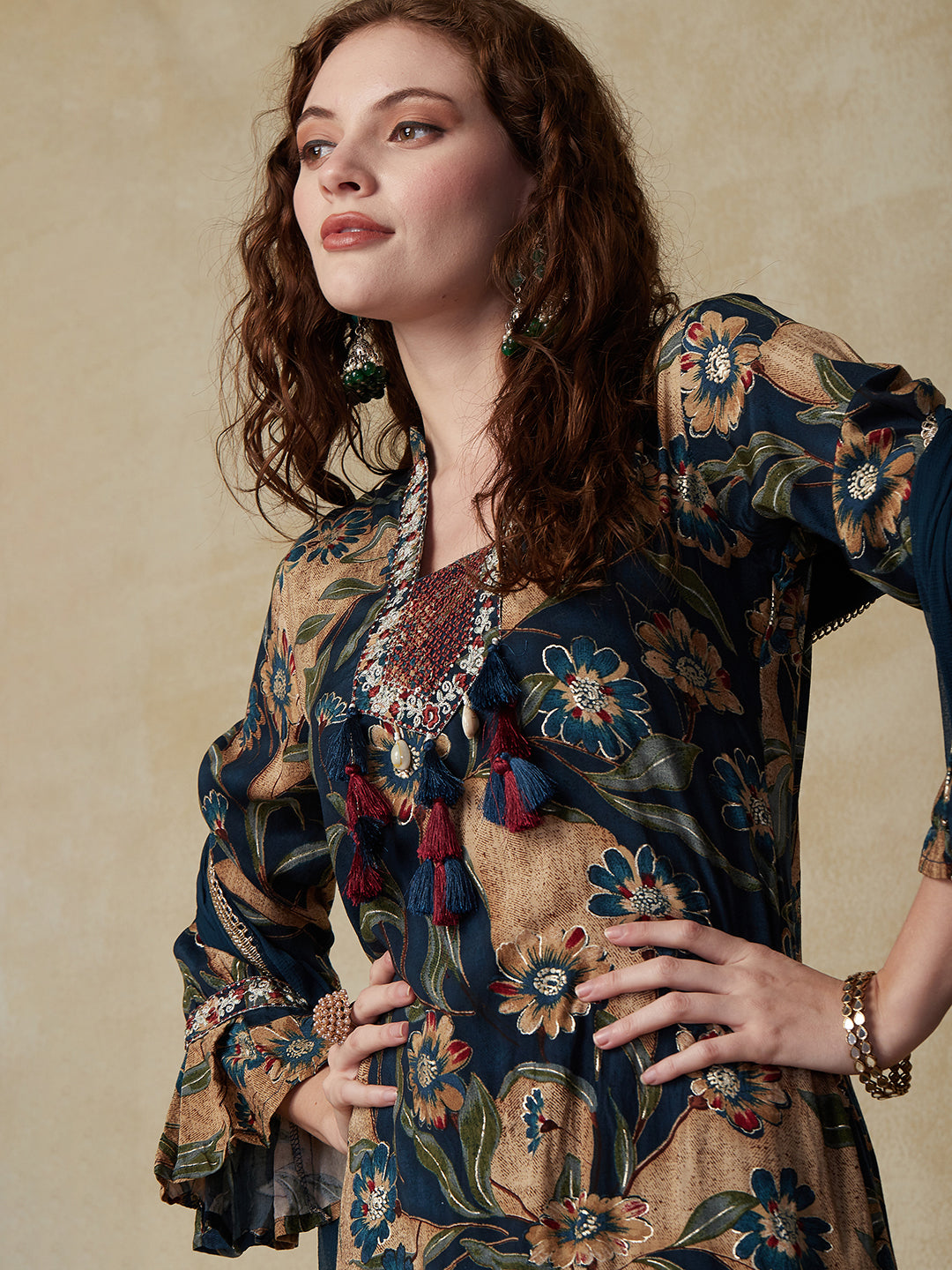 Floral Printed Resham & Zari Embroidered Kurta with Pants & Dupatta - Multi & Blue