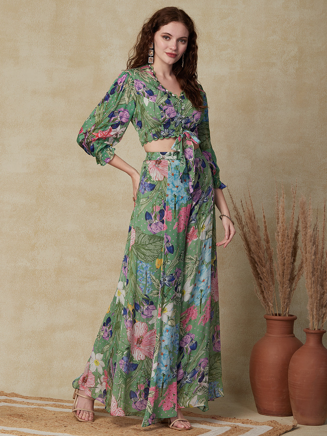 Ethnic Floral Printed & Embroidered Crop Top with Palazzo - Green