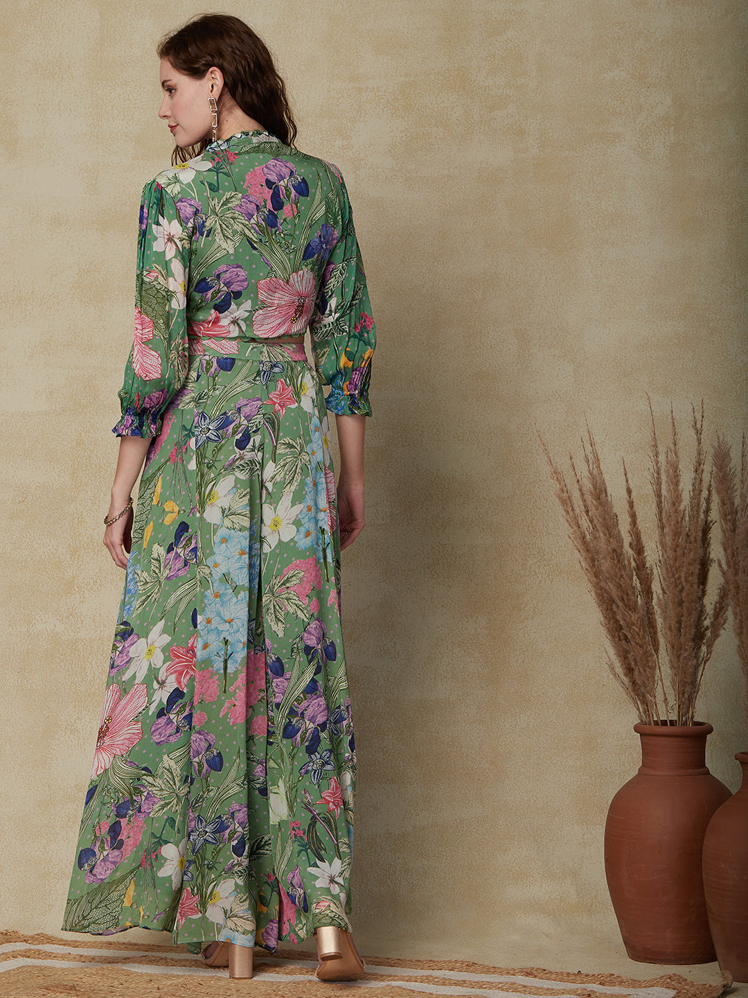 Ethnic Floral Printed & Embroidered Crop Top with Palazzo - Green