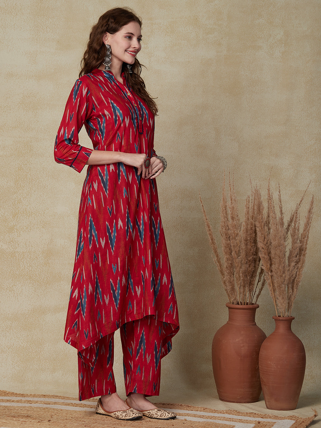 Ethnic Ikat Printed A-Line High-Low Kurta with Palazzo - Red