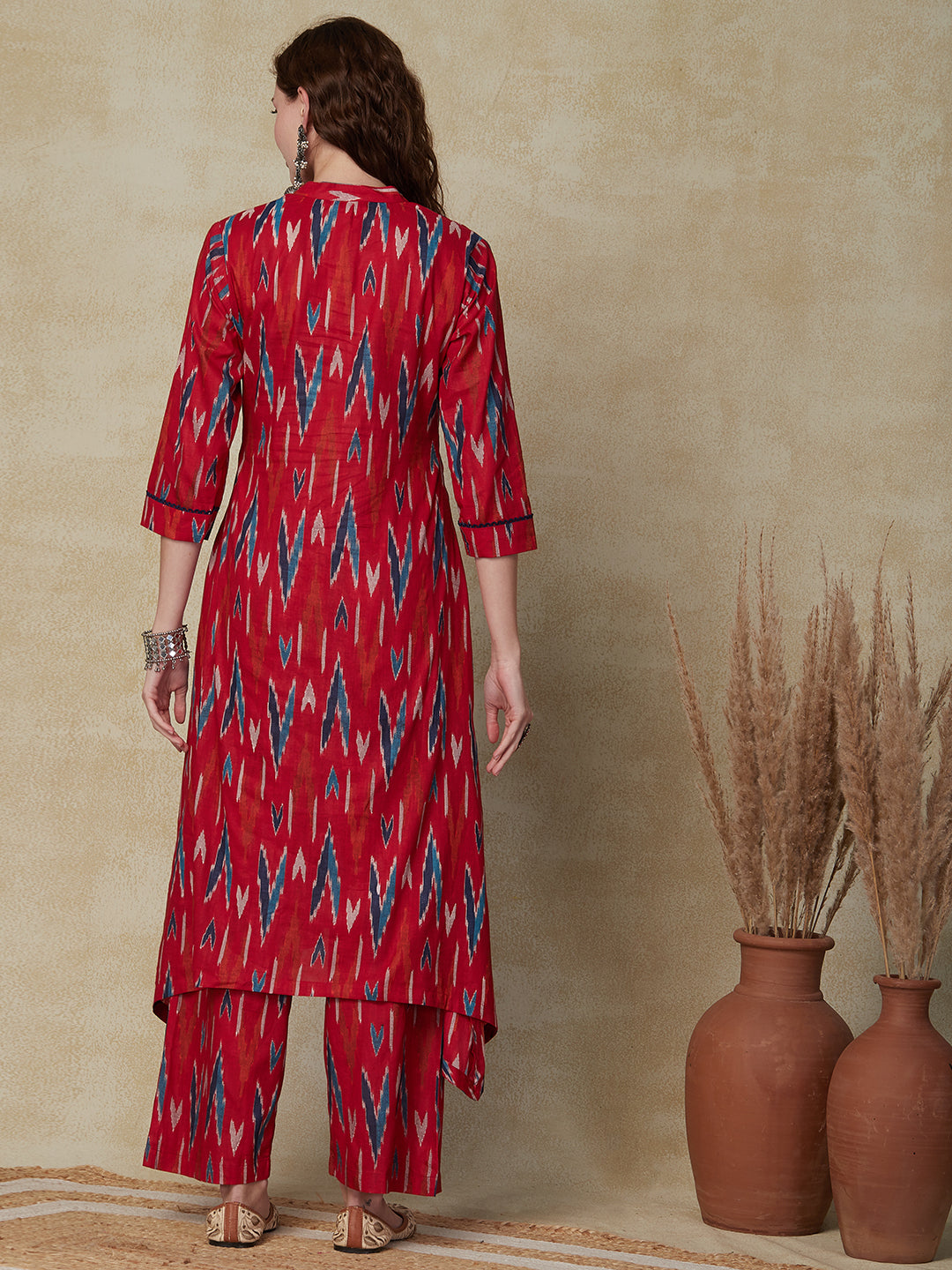 Ethnic Ikat Printed A-Line High-Low Kurta with Palazzo - Red