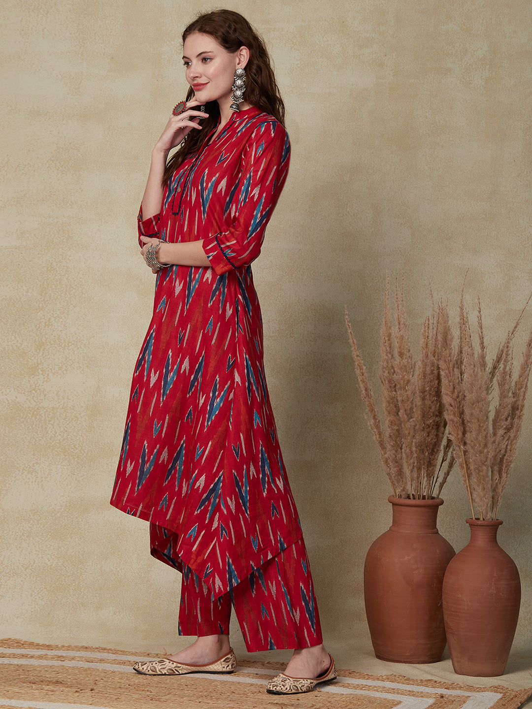 Ethnic Ikat Printed A-Line High-Low Kurta with Palazzo - Red