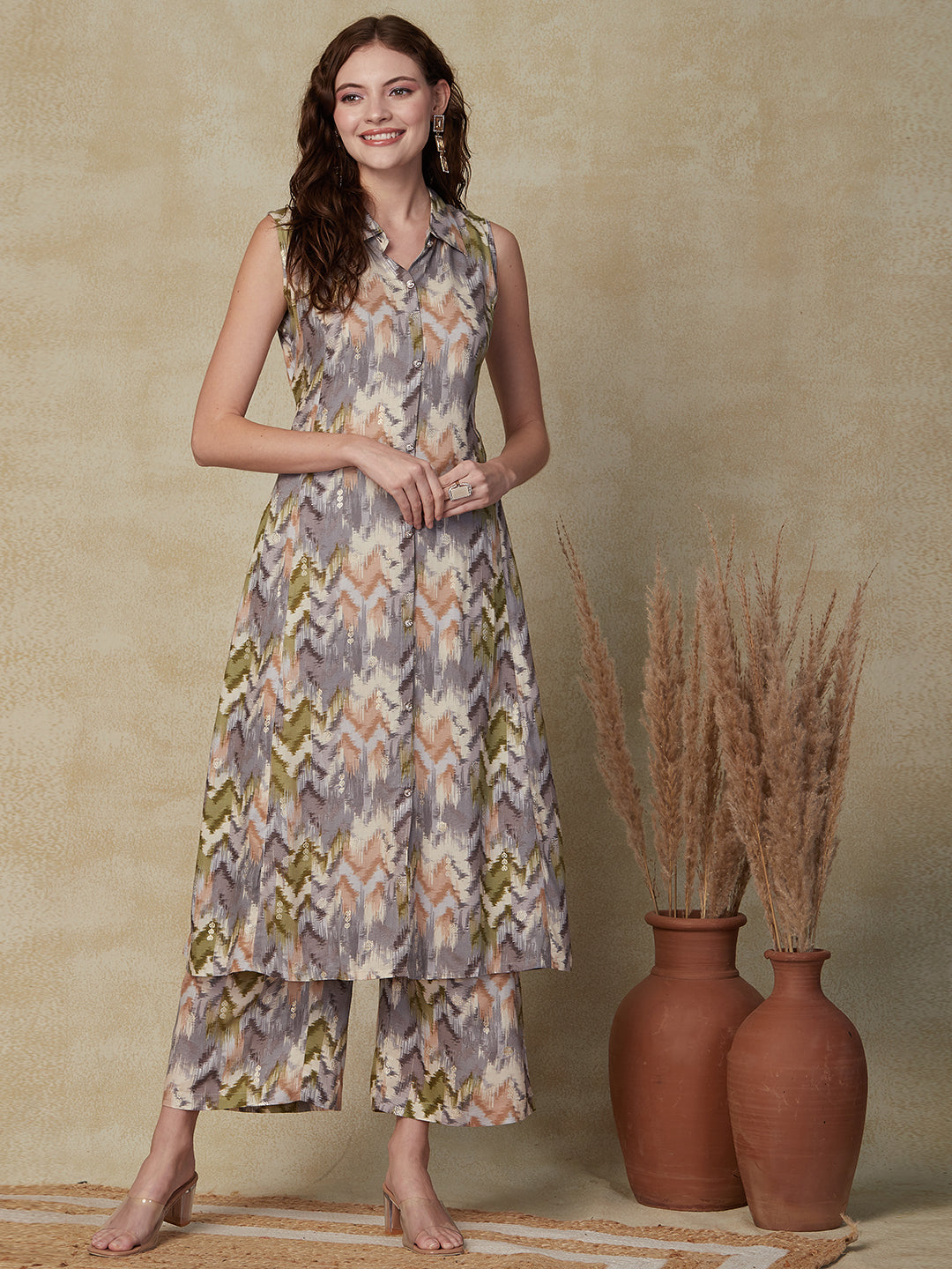 Abstract Printed Stone Studded Buttons Embellished Paneled Kurta with Palazzo - Grey
