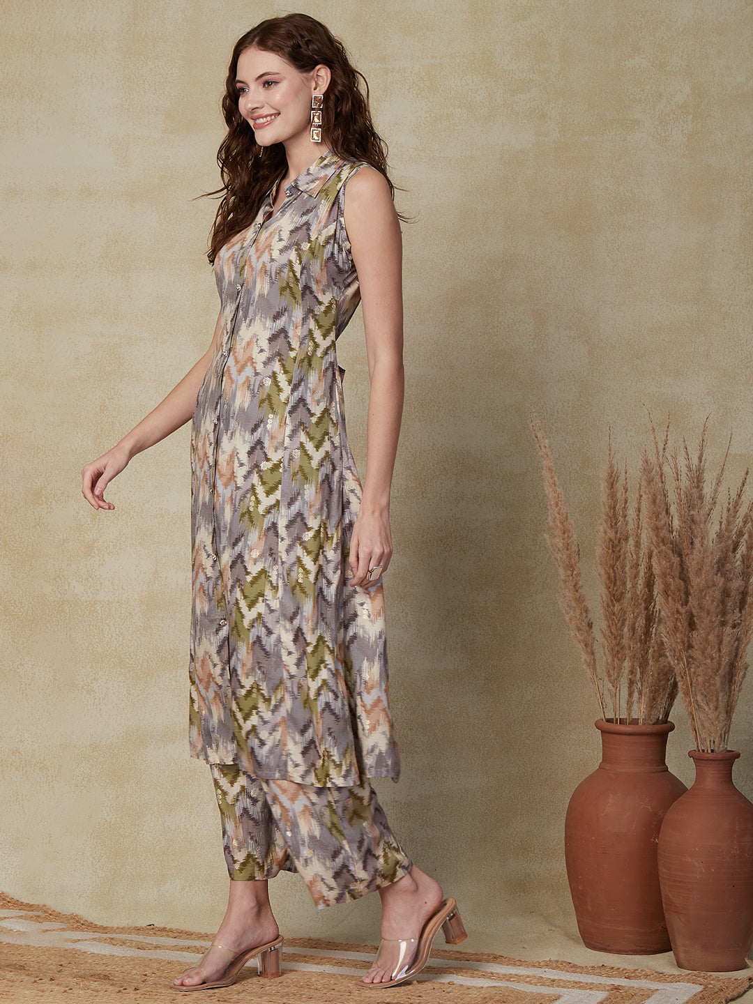 Abstract Printed Stone Studded Buttons Embellished Paneled Kurta with Palazzo - Grey