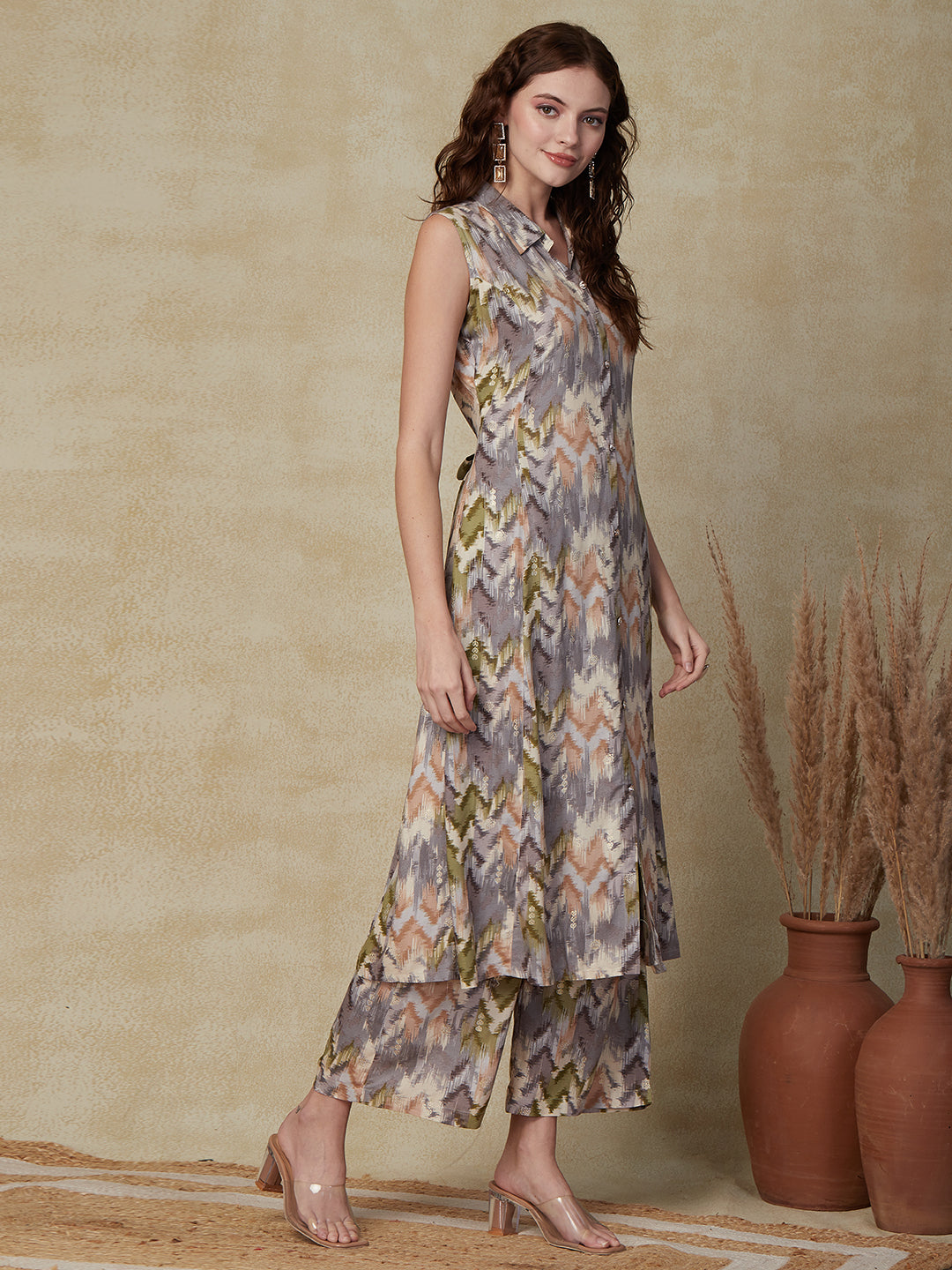 Abstract Printed Stone Studded Buttons Embellished Paneled Kurta with Palazzo - Grey