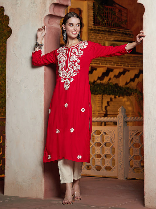 Solid Resham Floral Embroidered Kurta - Red