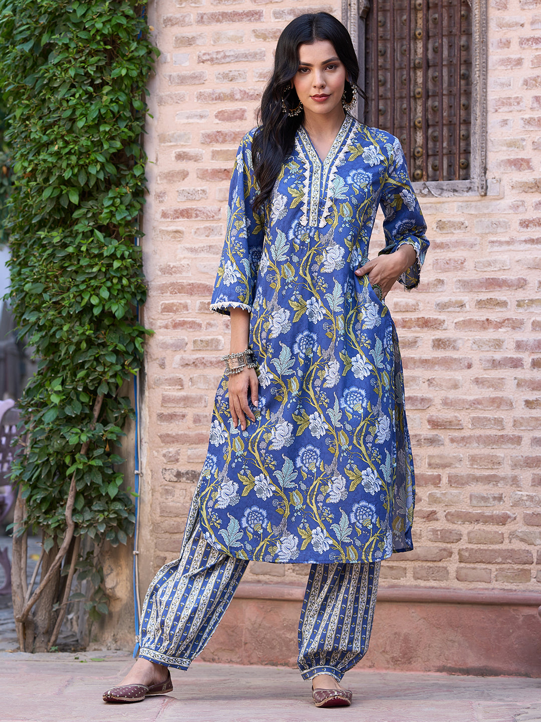 Floral Printed Sequins & Resham Dori Embroidered Lace Work Kurta with Salwar Pants - Blue