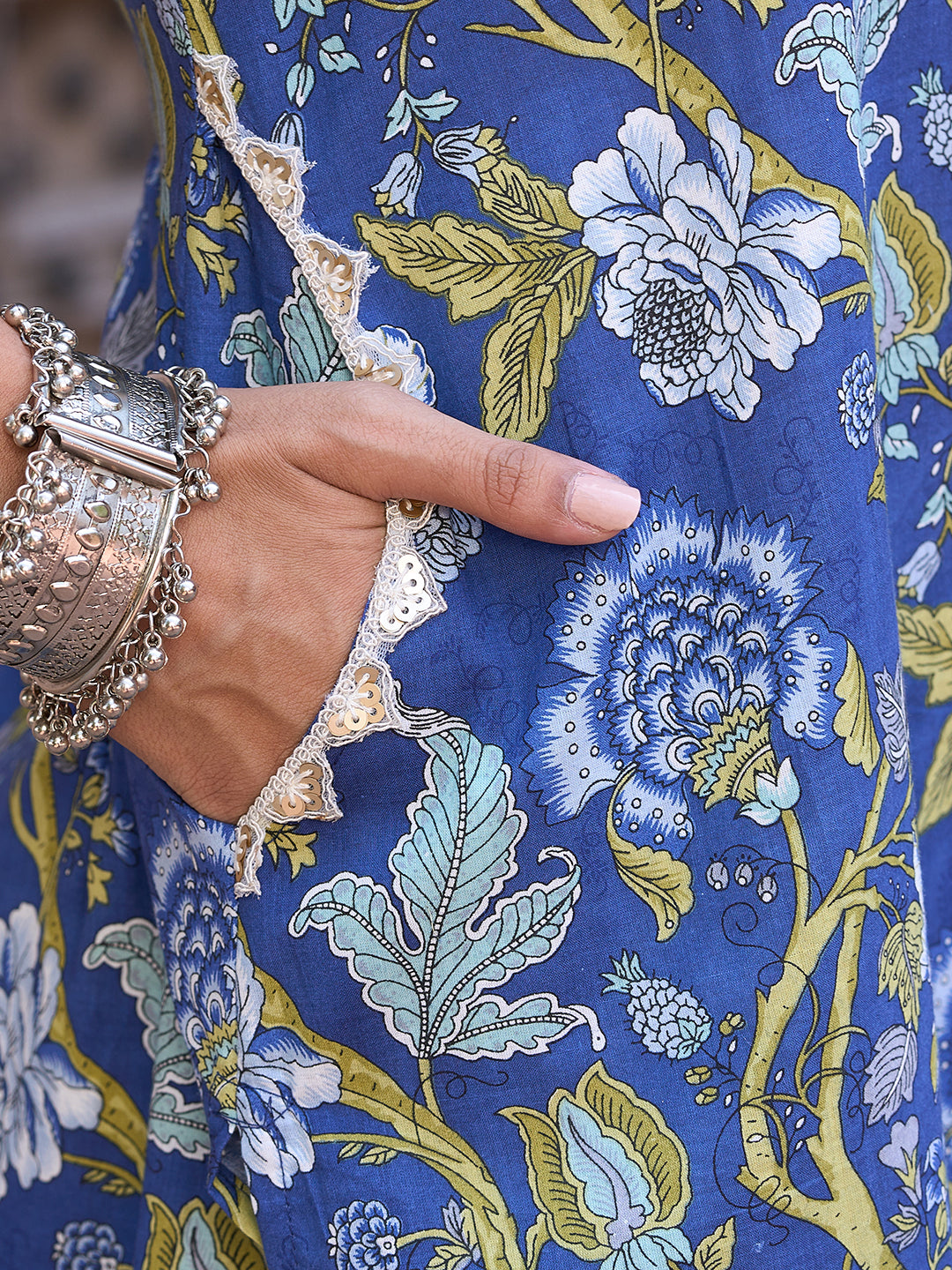 Floral Printed Sequins & Resham Dori Embroidered Lace Work Kurta with Salwar Pants - Blue