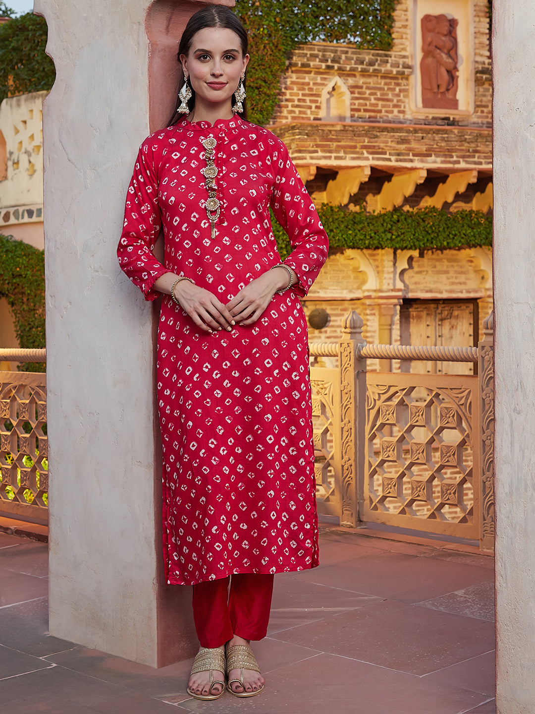 Bandhani Printed Stone, Zari, Beads & Pearl Embroidered Kurta with Pants - Magenta