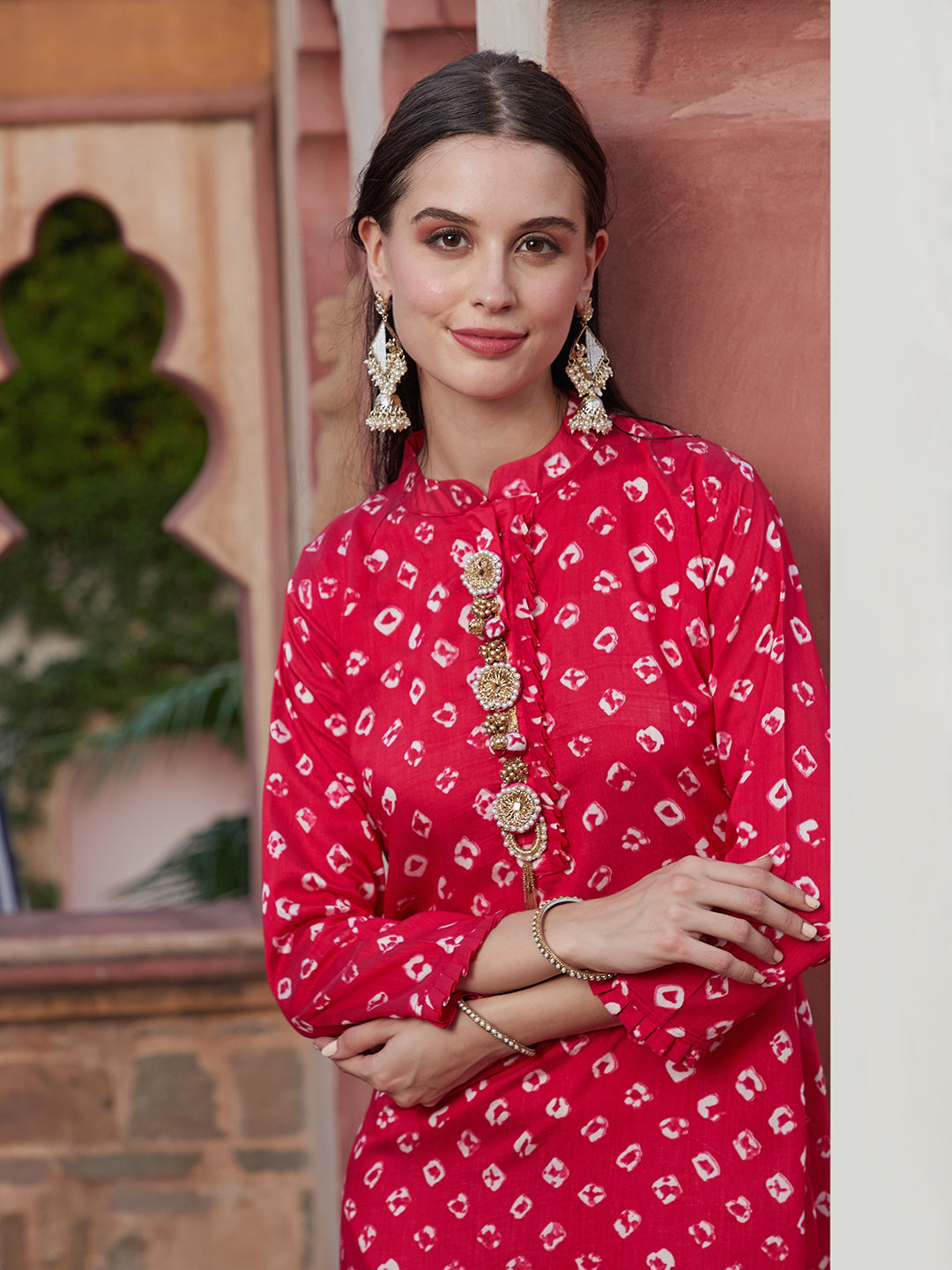 Bandhani Printed Stone, Zari, Beads & Pearl Embroidered Kurta with Pants - Magenta
