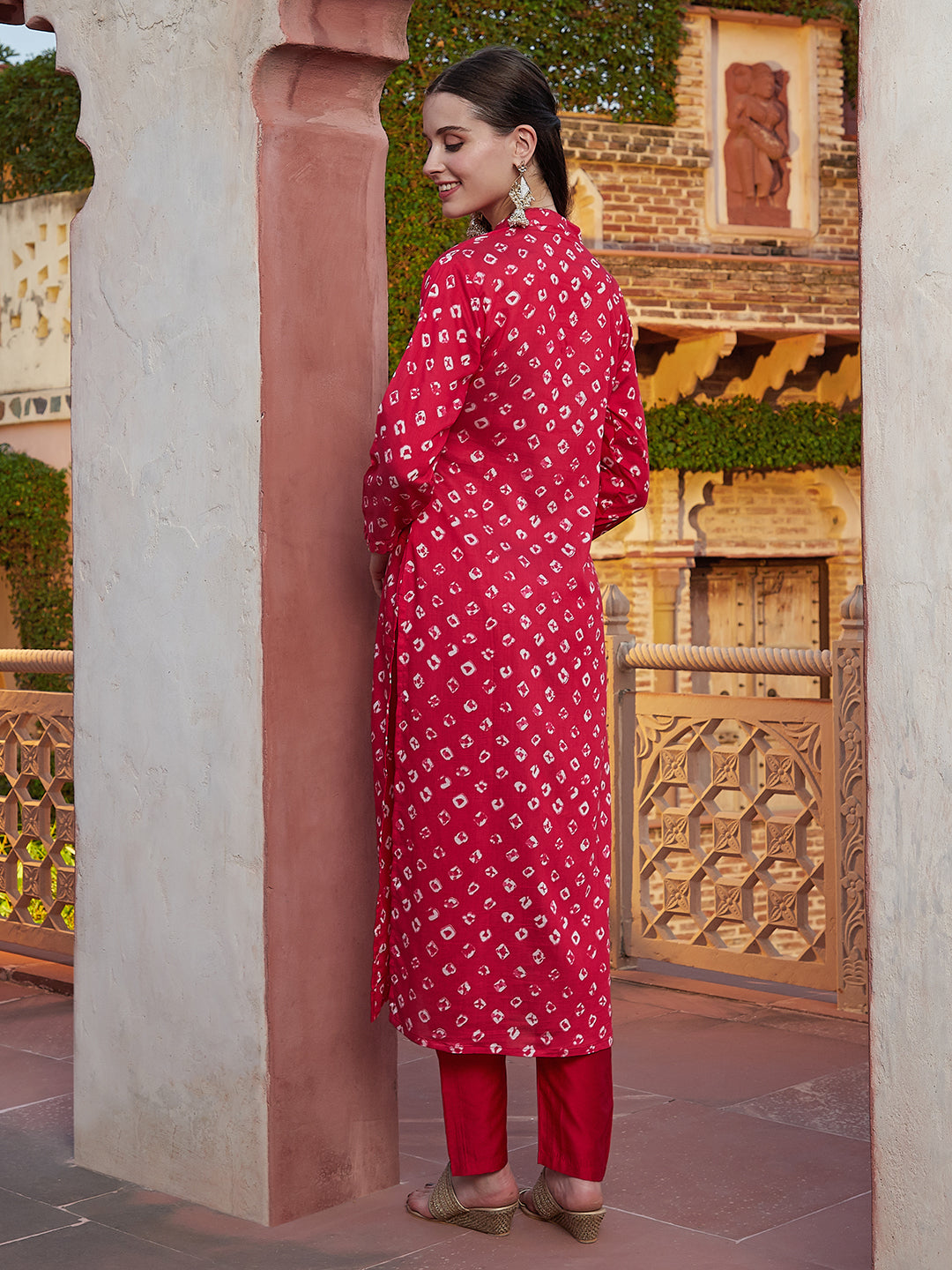 Bandhani Printed Stone, Zari, Beads & Pearl Embroidered Kurta with Pants - Magenta