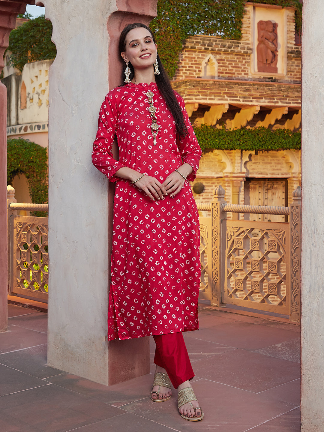 Bandhani Printed Stone, Zari, Beads & Pearl Embroidered Kurta with Pants - Magenta