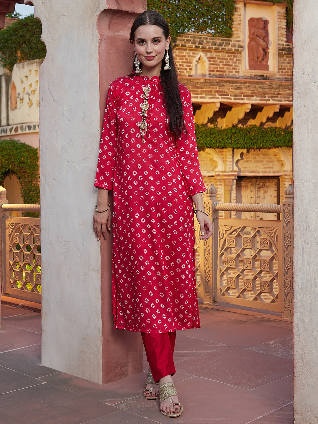 Bandhani Printed Stone, Zari, Beads & Pearl Embroidered Kurta with Pants - Magenta